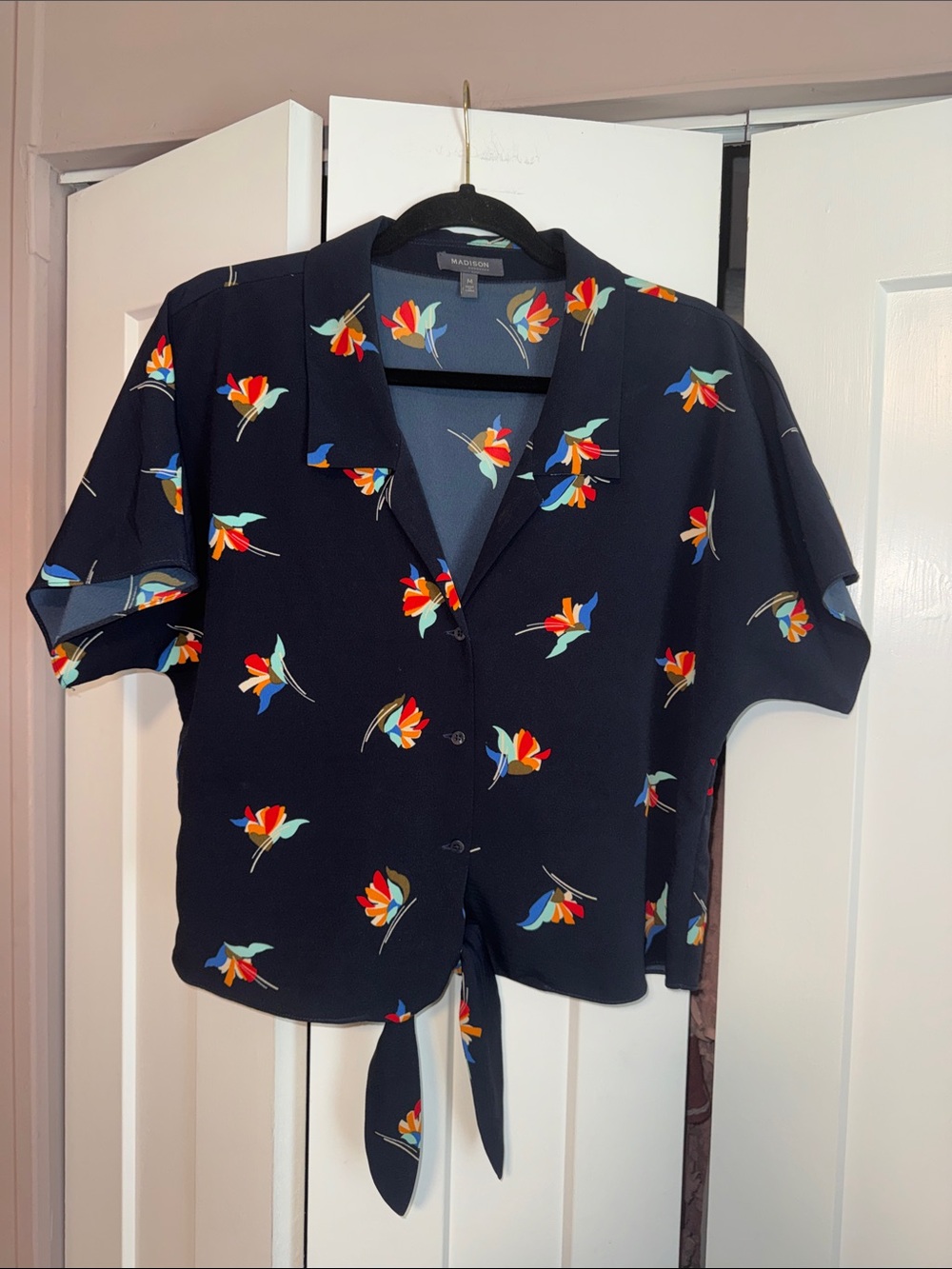 Boutique Tie-Front Floral Button-Up Blouse in Navy with Multicolor Blooms